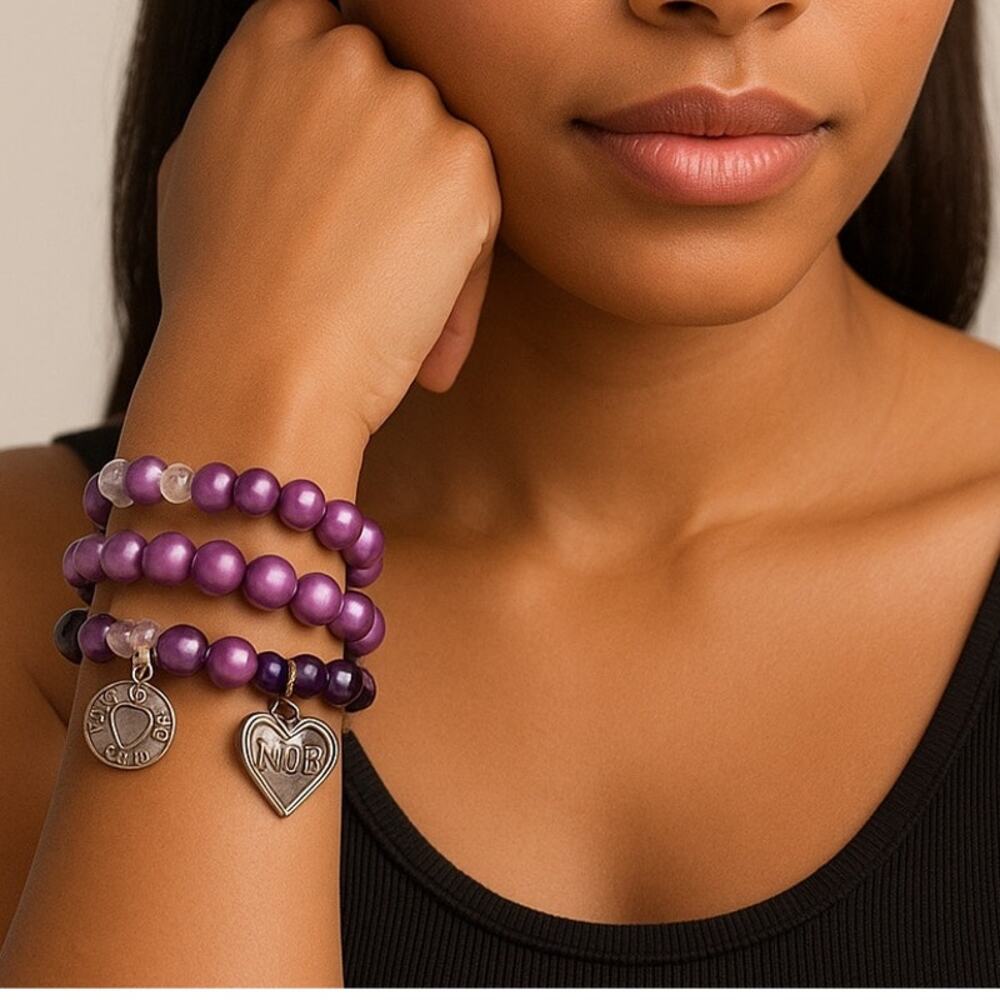 Purple Mom Charm Bracelet Set Crystal Beads Sparkle Beads Elastic Fit - Picture 16 of 17